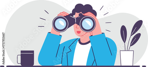 Enthusiastic professional looking through binoculars in modern office, searching for new opportunities and strategic insights to achieve success