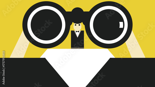 Elegant spyglass illustration featuring a tuxedoed figure, perfect for business strategy and vision themes in a modern, minimalist style on yellow background