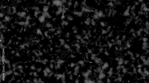 White particles and subtle cloudy textures gently drift and morph against a dark background, creating with abstract scracthes and atmospheric motion loop.