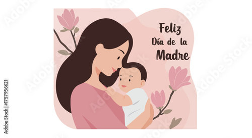 Mother Holding Baby with Pink Flowers Celebrating Mother's Day in Soft Pastel Colors
