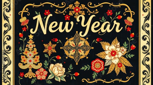 Ornate Traditional Folk Art New Year Greeting Card Gold Floral Christmas Background_8