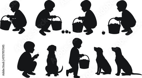 Child playing with basket and dogs silhouette vector illustration, rural lifestyle, innocence, friendship, childhood activities, family, pets, outdoor life