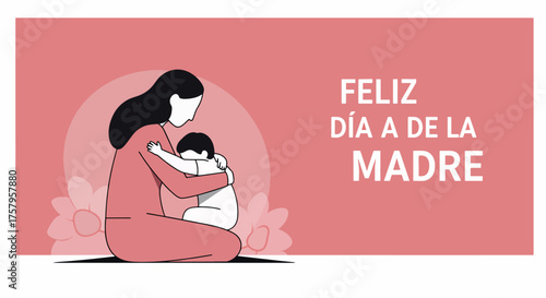 Mother Hugging Child in Pink Illustration with Flowers for Mother's Day