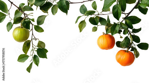Ripe persimmons and unripe green fruit hanging from branches isolated on transparent background