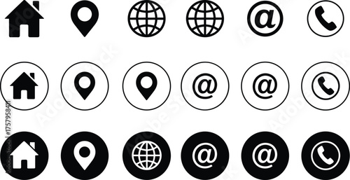 Contact icons set, home location email phone symbols, black and white vector, web communication interface, modern minimal design