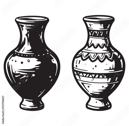Hand drawn antique vases in grayscale illustration depicting cultural pottery art and design