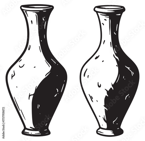 Hand drawn illustration of two elegant vases in black and white on a white background.