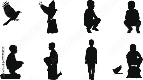 Children and birds silhouette vector, squatting, standing, kneeling poses, playful interaction, rural lifestyle, nature, childhood, posture, animal, minimalist art