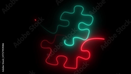 Abstract neon glowing one line Puzzle pieces continuous. Problem solving and solution business metaphor.Jigsaw puzzle piece flat icon for apps and websites.