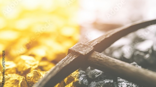 Mining Pickaxe in Mineral Landscape: A close-up showcases a weathered mining pickaxe nestled amidst a glistening landscape of precious gold and silver. It is a striking visual of industry.