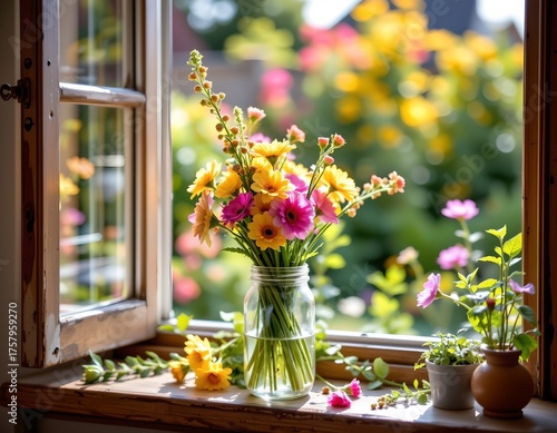 Cozy Windowsill with Wildflower Bouquet and Morning Light