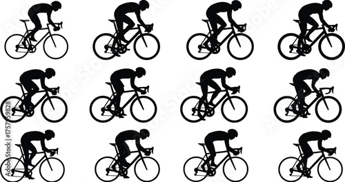 Cyclist silhouette repetition, professional bicycle rider pattern, sports fitness artwork highlighting motion, endurance, speed and athletic outdoor lifestyle