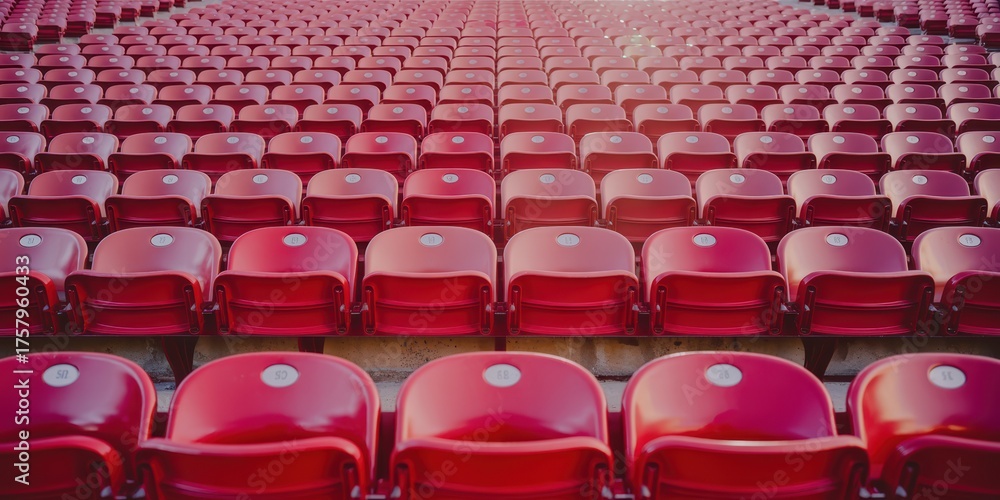 Naklejka premium Empty Stadium Seats in Rows, Red Color