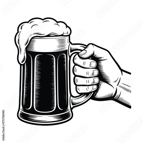 Hand holding a frothy dark beer mug illustration