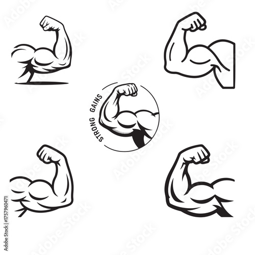 Strong flexing arm with clenched fist, muscle power symbol illustration