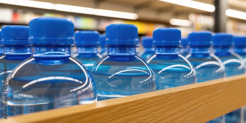 Fototapeta premium Bottled Water on Store Shelf with Blue Caps