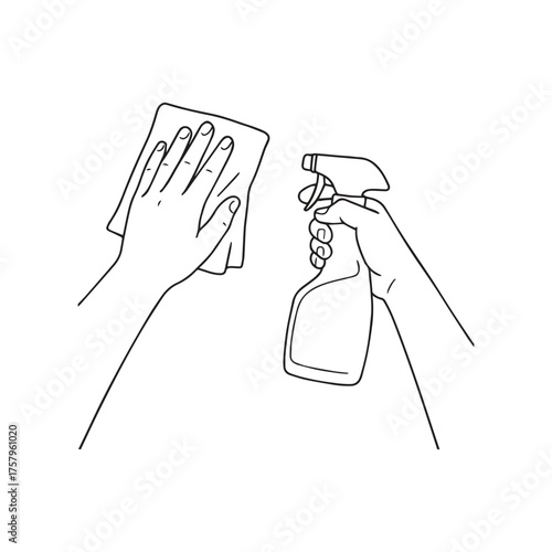 simple line art vector illustration of hands cleaning glass with spraying and wiping