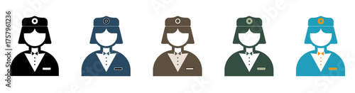 Set showing female officers wearing uniform hats and bow ties, presented in flat, outline, and filled styles. Suitable for airport, travel, and border security themed designs.