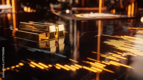 Golden Investment: Capturing the essence of financial success, a stack of gleaming gold bars sits atop a polished surface. Their reflection suggesting wealth, prosperity, and timeless value. 