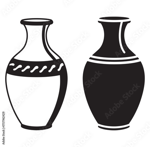 Simple black and white vector illustration of two decorative ceramic vases