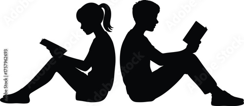 Silhouette children reading books, boy and girl sitting back to back, studying, education focus, literacy, peaceful learning, academic growth, concentration