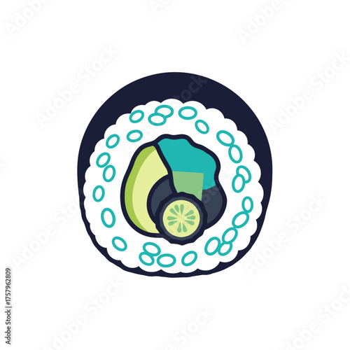 A fresh Japanese maki sushi roll icon with avocado and cucumber, a minimalist illustration for healthy eating concepts