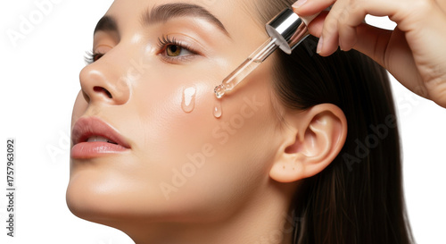 Closeup of woman applying skincare serum with dropper isolated on transparent background