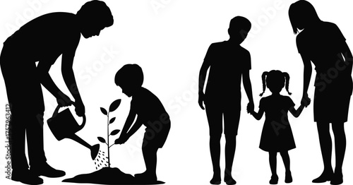 Silhouette of family teaching child to grow plant, parenting guidance, nurturing nature, family values, love, growth, responsibility