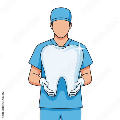 Dentist in blue scrubs and cap holding large, shiny tooth