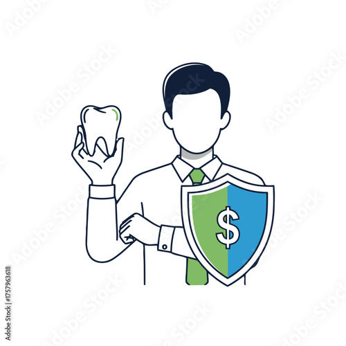 Man in suit and tie holds tooth and shield with dollar sign, representing dental insurance or financial protection for oral health