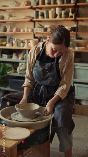 Young female artisan carefully lifting finished clay bowl from pottery wheel and placing it on plaster bat in ceramics workshop. Vertical clip