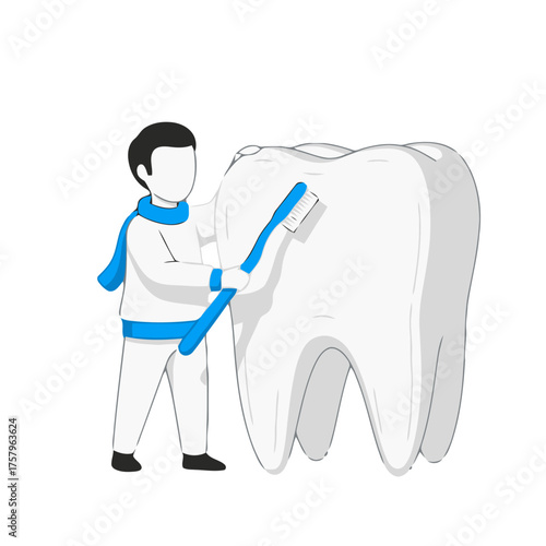 Person brushing giant tooth with toothbrush, representing dental hygiene and oral care