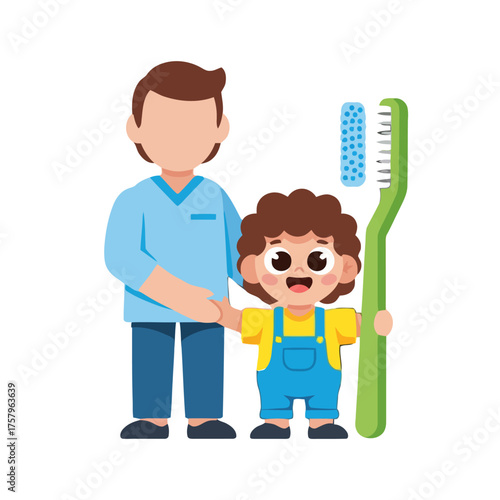 Father teaching his child about dental hygiene with large toothbrush and toothpaste, promoting healthy habits and oral care for kids