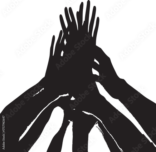 Vector art of silhouette of many hands joining together