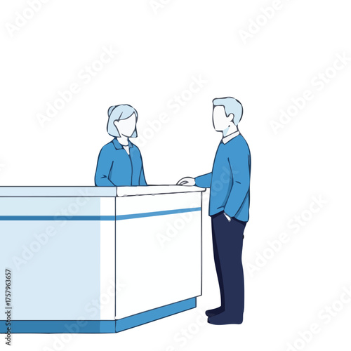 Two people standing at reception desk, one is receptionist and the other is customer