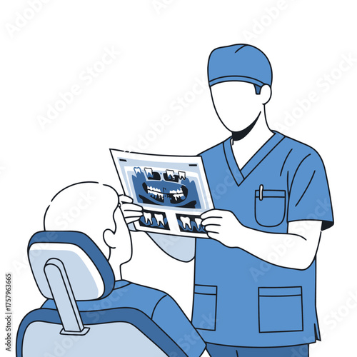Dentist showing dental xray to patient in chair, explaining diagnosis and treatment plan, focusing on oral health and dental examination