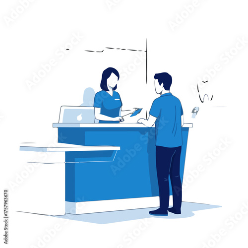 Patient talking to receptionist at clinic counter, with laptop and dental tooth graphic in the