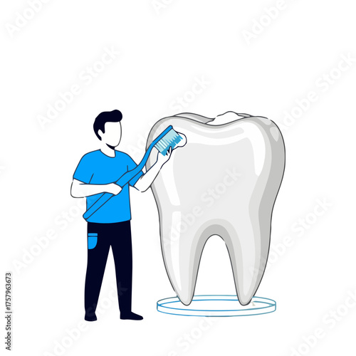 Man brushing large tooth with toothbrush