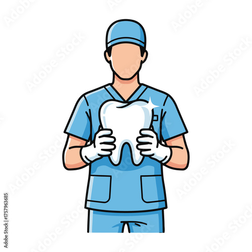 Male dentist in uniform holding sparkling tooth