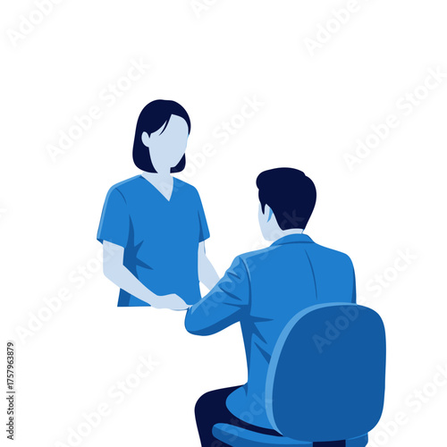 Dentist in blue scrubs is in consultation with patient sitting in chair, discussing dental health