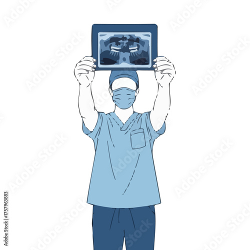 Dentist wearing mask and blue scrubs holds up dental xray showing teeth for examination