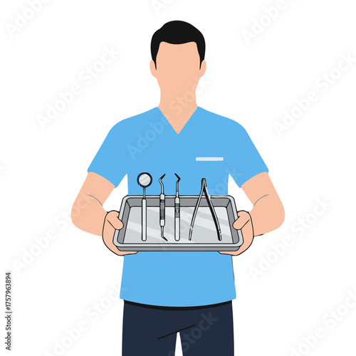 Dentist holding tray with dental instruments