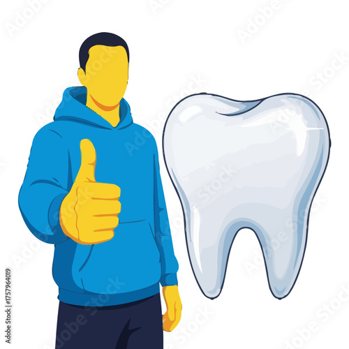 Man in blue hoodie and yellow gloves gives thumbs up gesture next to shiny, healthy tooth, symbolizing satisfaction with dental services and good oral hygiene