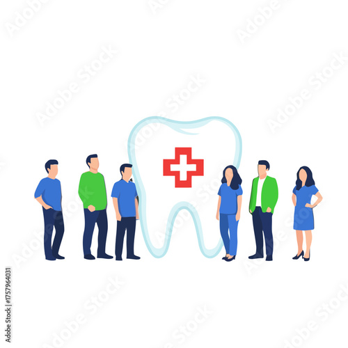 Diverse group people, including medical professionals and patients, stand in front large, stylized tooth with red cross symbol, representing dental care and health services