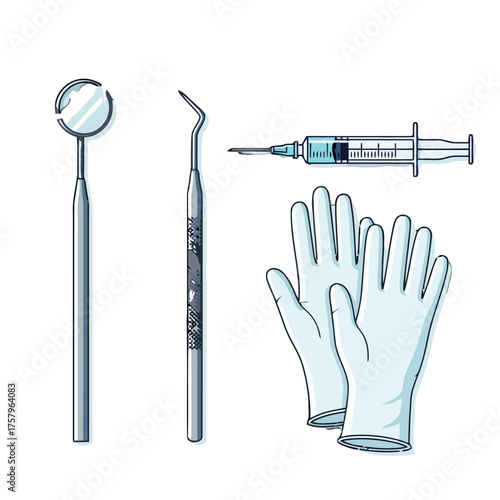 Dental instruments including mirror, probe, syringe, and medical gloves