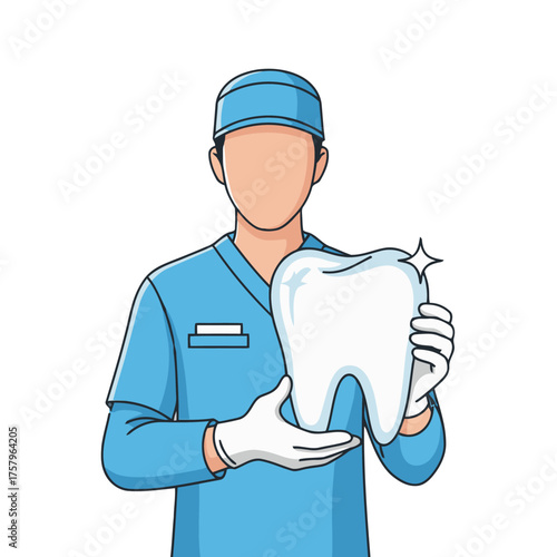 Dentist in blue scrubs and cap holding sparkling clean tooth