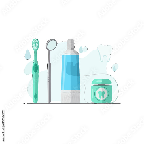 Dental hygiene tools including toothbrush, dental mirror, toothpaste, and dental floss