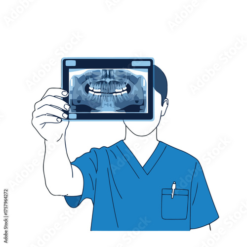 Dentist in blue scrubs holding dental panoramic xray, , for dental practice