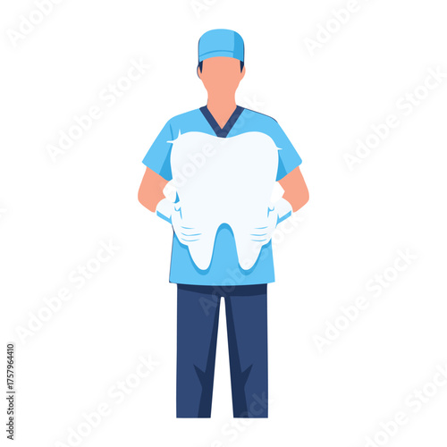 Dentist in scrubs holding large tooth