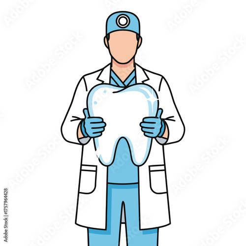 Dentist wearing coat and blue scrubs holds large, shiny tooth in his hands